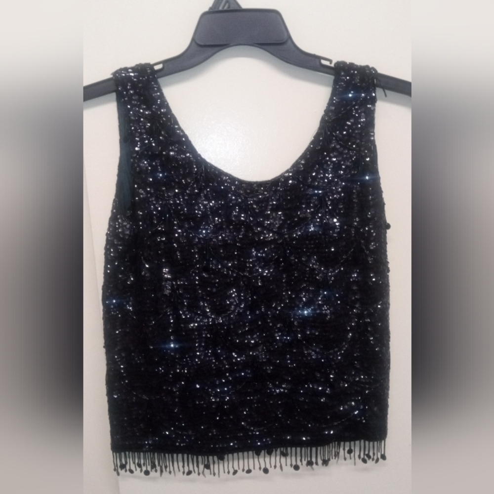 1960's Black Beaded / Sequin Sleeveless Blouse / 100% Wool made in Hong Kong